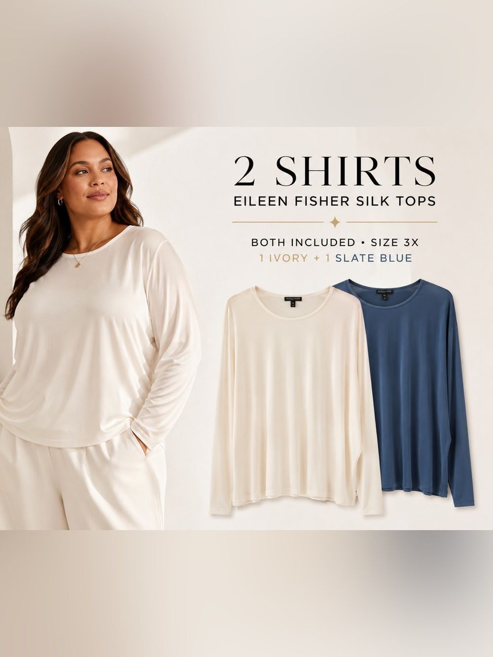 Eileen Fisher Woman 2 Pack Silk Tops Size 3X Ivory Blue Long Sleeve Plus Size